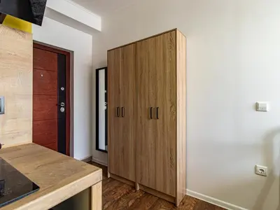 a kitchen with a wooden cabinet in a room at Nevsky Loft - Central Sofia Studio in Sofia