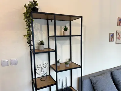 a black book shelf in a living room with potted plants at Pine Tree - charming apartment in Bansko