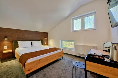 a bedroom with a bed and a desk and windows at Sakutski House in Hisarya