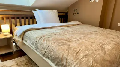 a bedroom with a large bed with a night stand and a lamp at Ioannis Apartment Bansko in Bansko