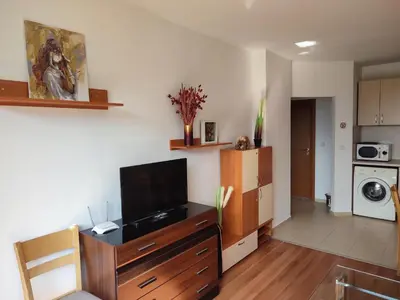 a living room with a television and a kitchen at Belvedere Holiday Club SPA&POOL Private Apartments in Bansko