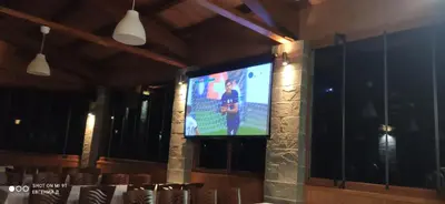 a flat screen tv on a stone wall in a restaurant at Alpine Garden Hotel (Trayanovi Dvori) in Simitli