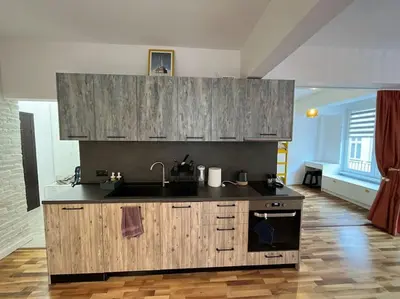 a kitchen with a sink and wooden cabinets at Family friendly downtown apart in Sofia