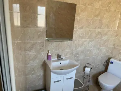 a bathroom with a sink and a toilet at ЛАЗАРОВИ in Hisarya