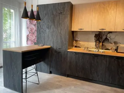 a kitchen with wooden cabinets and a counter top at 3 BR Apt, Spacious, Near South Park in Sofia
