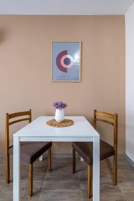 a white table with two chairs and a vase of flowers at Cozy Homes 3 in Sofia