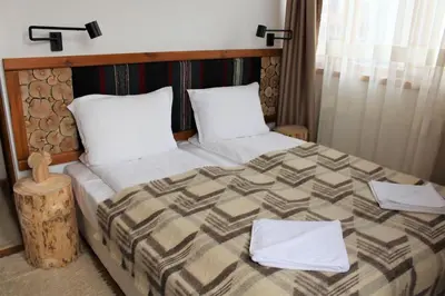 a bedroom with a large bed with two pillows at Villa Fest in Bansko