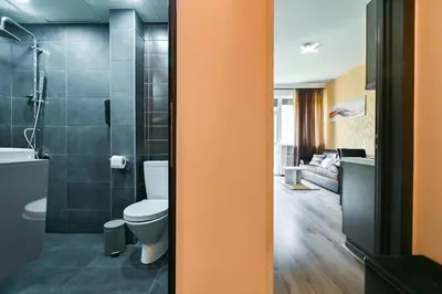 a bathroom with a toilet and a shower at Neofit Rilski Apartment (near Vitoshka street) in Sofia