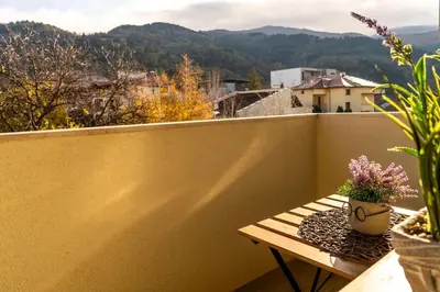 a balcony with a table and potted plants on it at View in Petrich