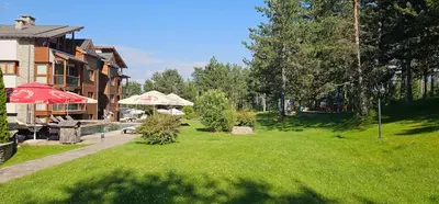 a green yard with a building and trees and a building at Green Peaks Suite in Pirin Golf & County Club in Razlog