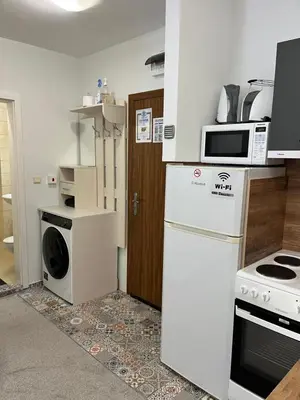 a kitchen with a stove and a washer and dryer at Elizi1winter apartments Pamporovo in Pamporovo