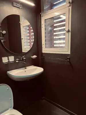 a bathroom with a sink and a mirror and a toilet at Central Apartment Black Cat in Karlovo