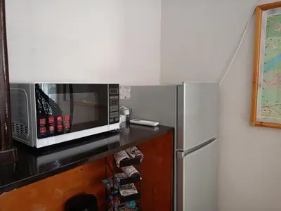a microwave on a counter next to a refrigerator at INSTA Haus in Plovdiv