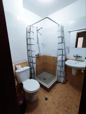 a bathroom with a toilet and a shower and a sink at 