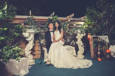 a bride and groom posing for a picture at their wedding at Complex Baroto in Gotse Delchev