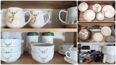 a group of white cups on a shelf at apartment Mountain Delight, Bansko in Bansko