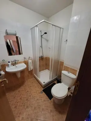 a bathroom with a shower and a toilet and a sink at Gri's place in Bansko