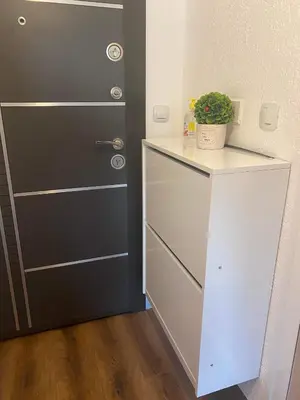 a room with a door and a cabinet with a plant on it at Apartament G&M in Sandanski