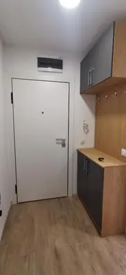 a kitchen with a large white door in a room at Sunflower in Sofia