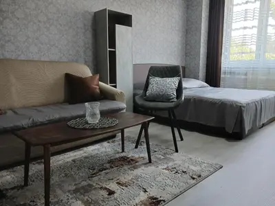 a living room with a couch and a chair at Тристаен апартамент in Sofia