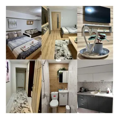 a collage of four pictures of a hotel room at Apart 8 in Sandanski
