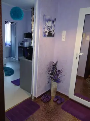 a living room with purple walls and a vase with flowers at Orange Flower Apartments 1 in Sofia