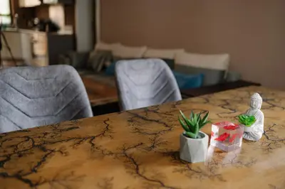 a table with a figurine and a plant on it at 2 Designer Central Apartments FREE Parking Spaces in Sofia