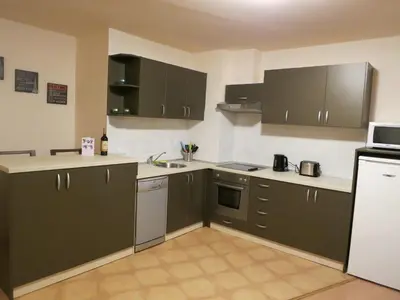 a kitchen with dark green cabinets and white appliances at Monastery Apartment C39 in Bansko