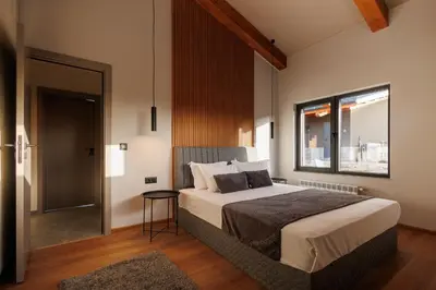 a bedroom with a large bed and a window at Local Stay Villas in Bansko