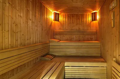 a sauna with wooden walls and benches and lights at Hotel Zara in Bansko