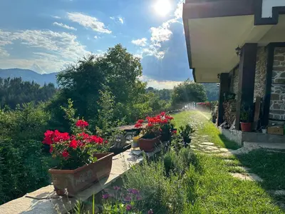 a garden with potted flowers on the side of a building at Guest House Opa in Smolyan
