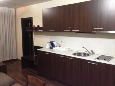 a kitchen with wooden cabinets and a sink at Ski Lift Apartment in Bansko in Bansko