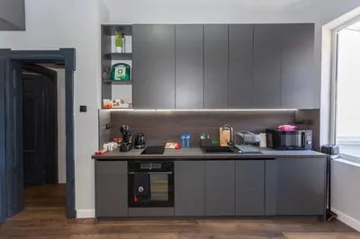 a kitchen with gray cabinets and a counter top at Urban Elegance Apartment in Sofia