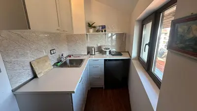 a small kitchen with a sink and a counter at Ski Nomad Bansko in Bansko