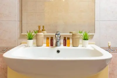 a white sink in a bathroom with plants on it at La Primavera Spacious Apartment in Plovdiv