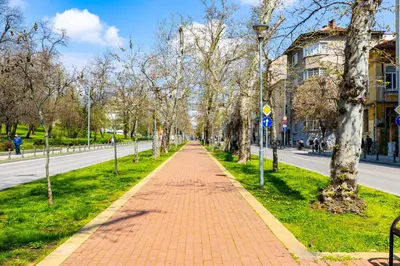 a brick path in a park next to a street at Studio 'Ozi' quite place in Perfect Center in Plovdiv