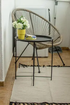 a chair and a table with a plant on it at EVIAS Apartment in Sandanski