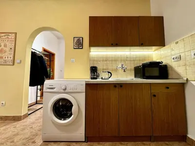 a kitchen with a washing machine and a sink at Sofia Sweet Spot: Central & Cozy in Sofia