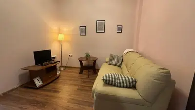 a living room with a couch and a television at Quiet 2 bedrooms downtown apart in Sofia