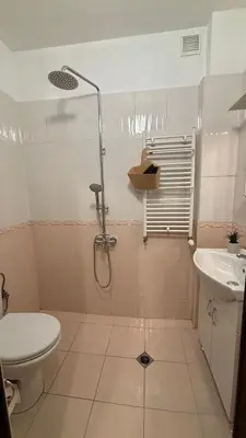 a bathroom with a shower and a toilet and a sink at Quiet 2 bedrooms downtown apart in Sofia