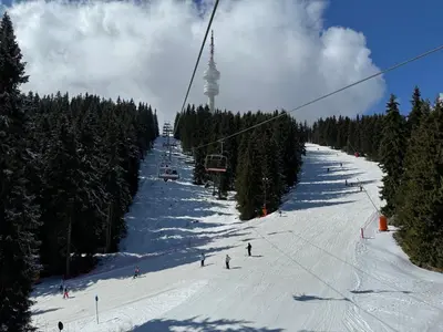 a group of people skiing down a ski slope at The Castle Mountain Apartments in Pamporovo