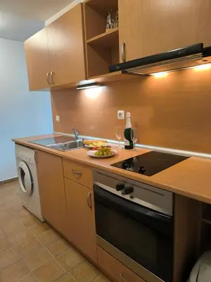 a kitchen with a sink and a stove with a plate of food at Cozy nature stay, free Bottle of good Wine, Great view, free Parking in Bansko