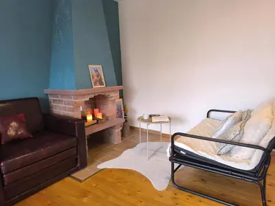 a living room with a couch and a fireplace at Cozy nature stay, free Bottle of good Wine, Great view, free Parking in Bansko