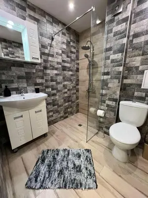 a bathroom with a toilet and a sink and a shower at Sao Paolo warm and cosy Studio in lively district in Sofia