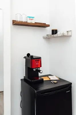 a coffee machine sitting on top of a refrigerator at Къщи за гости БРИК in Sapareva Banya