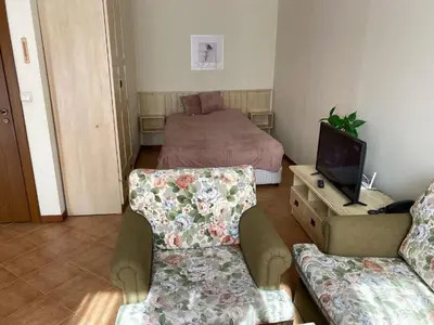 a living room with a bed and a couch and a tv at Pirin Golf private studio in Razlog