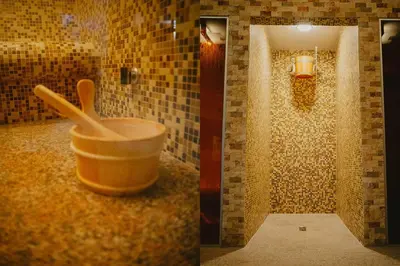 a bathroom with a bowl and wooden utensils in it at Хижа Марциганица in Asenovgrad