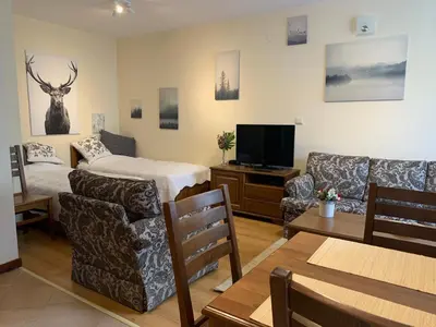 a living room with a couch and a tv at Studio 5 in Pirin Golf in Razlog