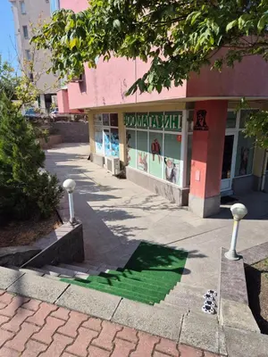 a building with a green sidewalk in front of it at Private stay place in Sofia