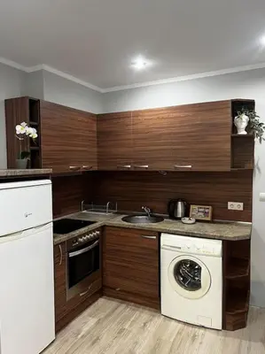 a kitchen with a sink and a washing machine at Nomadic Travelers Apartment in Sofia